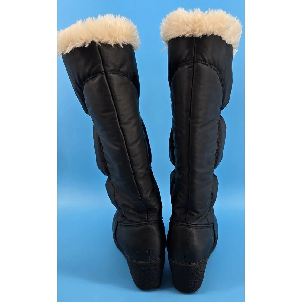 Vtg Y2K Town Country Winter Boots Sz 7.5 Black‎ Puffer Wedge Pull On Faux Fur